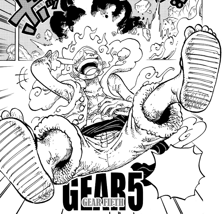 (Imagem do despertar da Gear Fifth de Luffy, no capítulo 1045 do mangá One Piece)